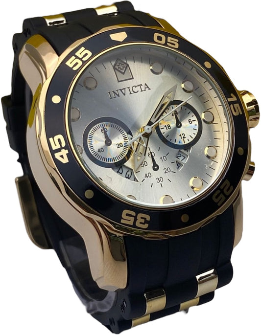 Invicta Pro Diver pulso Silicona Negro con Dorado- Fondo Plateado