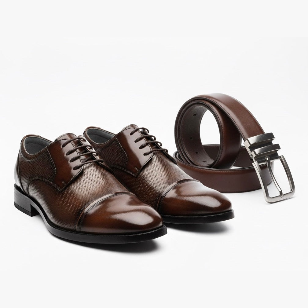 Zapatos de Vestir Marrones en Cuero + Correa en Cuero 100% para Hombre